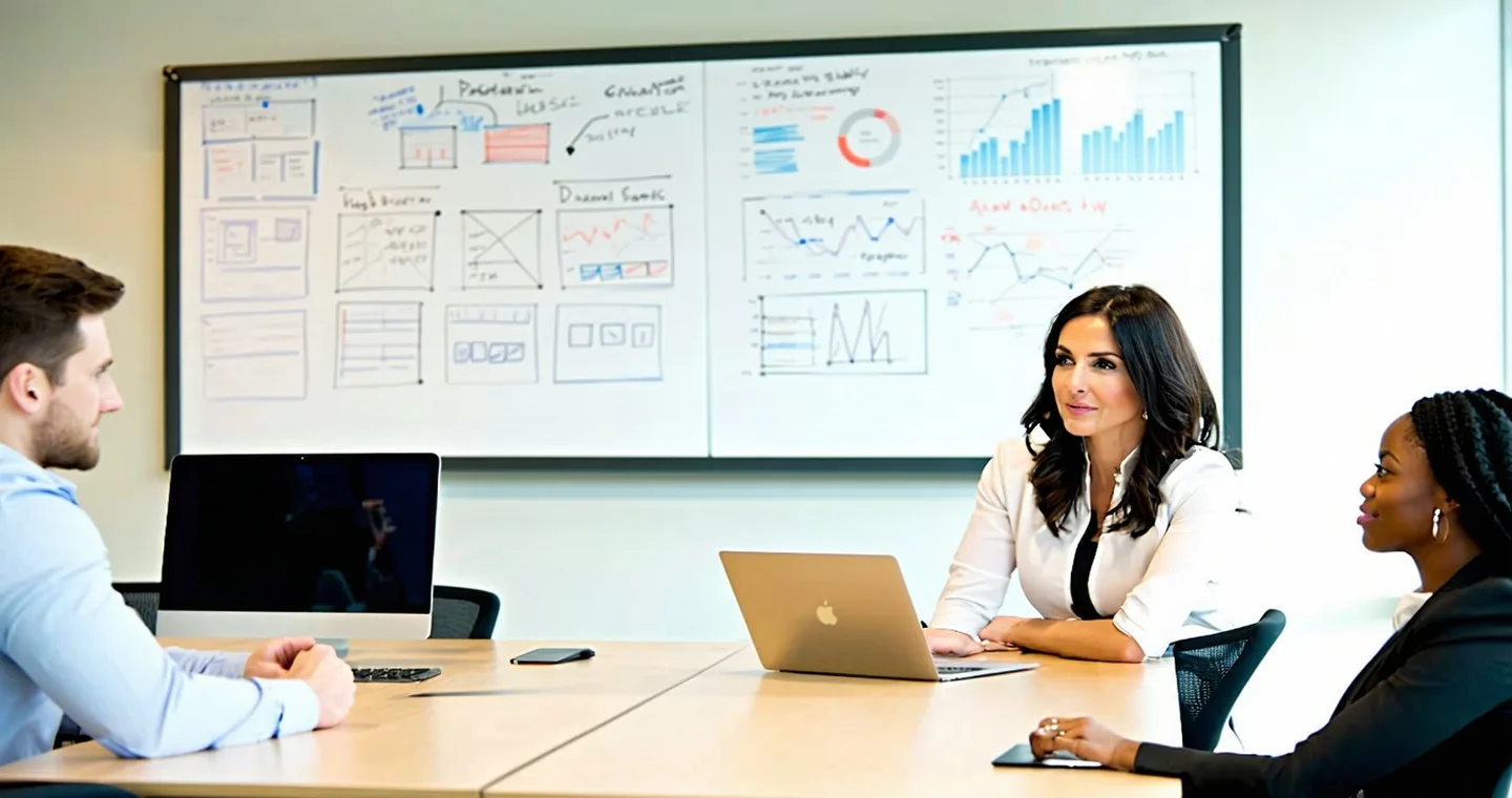 Mira Halevi speaking with a small team in a modern Reston Virginia office, whiteboard with network diagrams visible in background