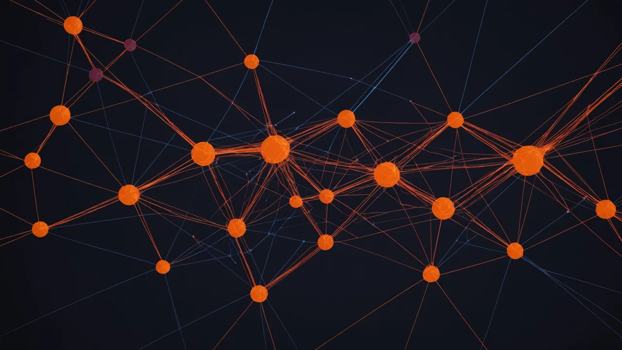 Abstract kill-chain correlation graph with glowing nodes connected by luminous threads spanning tactical phases from initial access to exfiltration