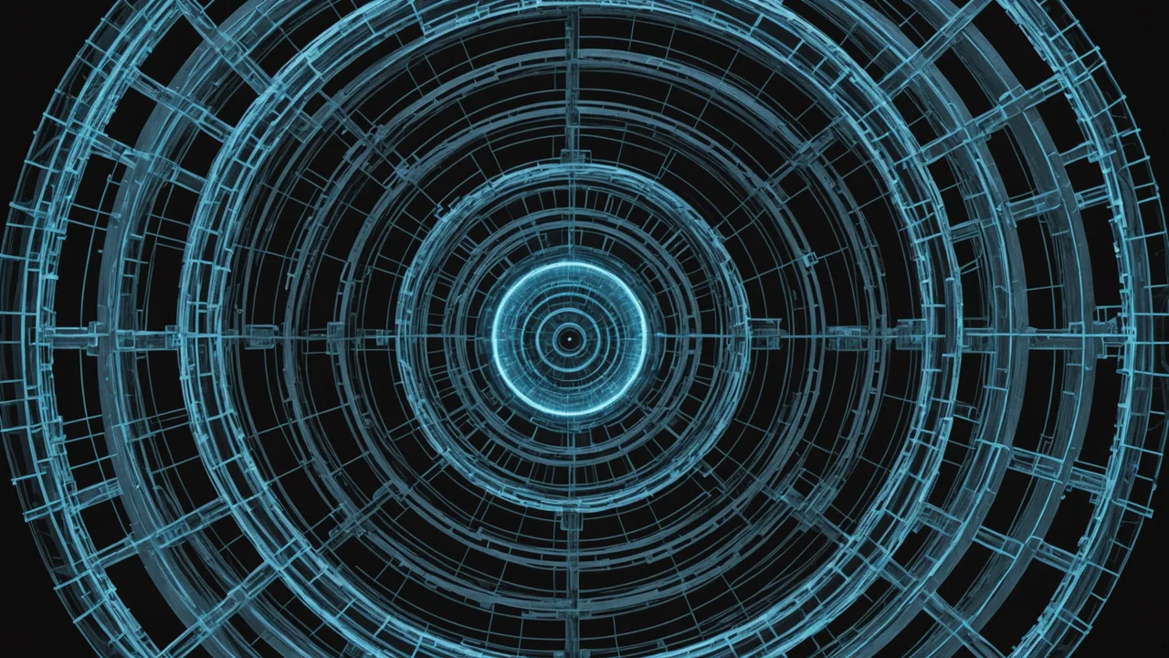 Abstract Zero Trust architecture visualization with identity-verification gate nodes in concentric rings and autonomous SOC correlation layer overlay