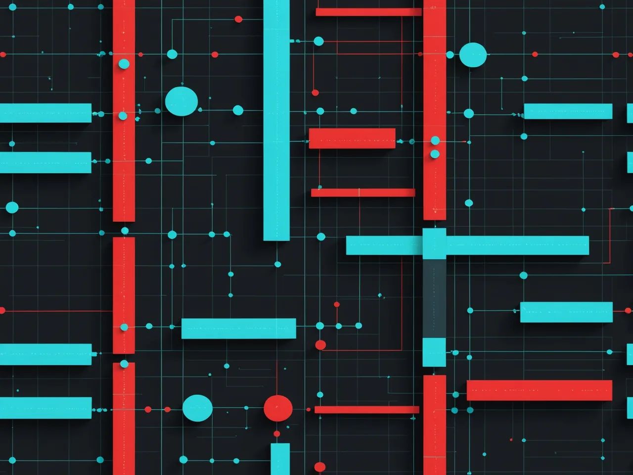 Layered ledger blocks assembling with cyan timestamp anchors