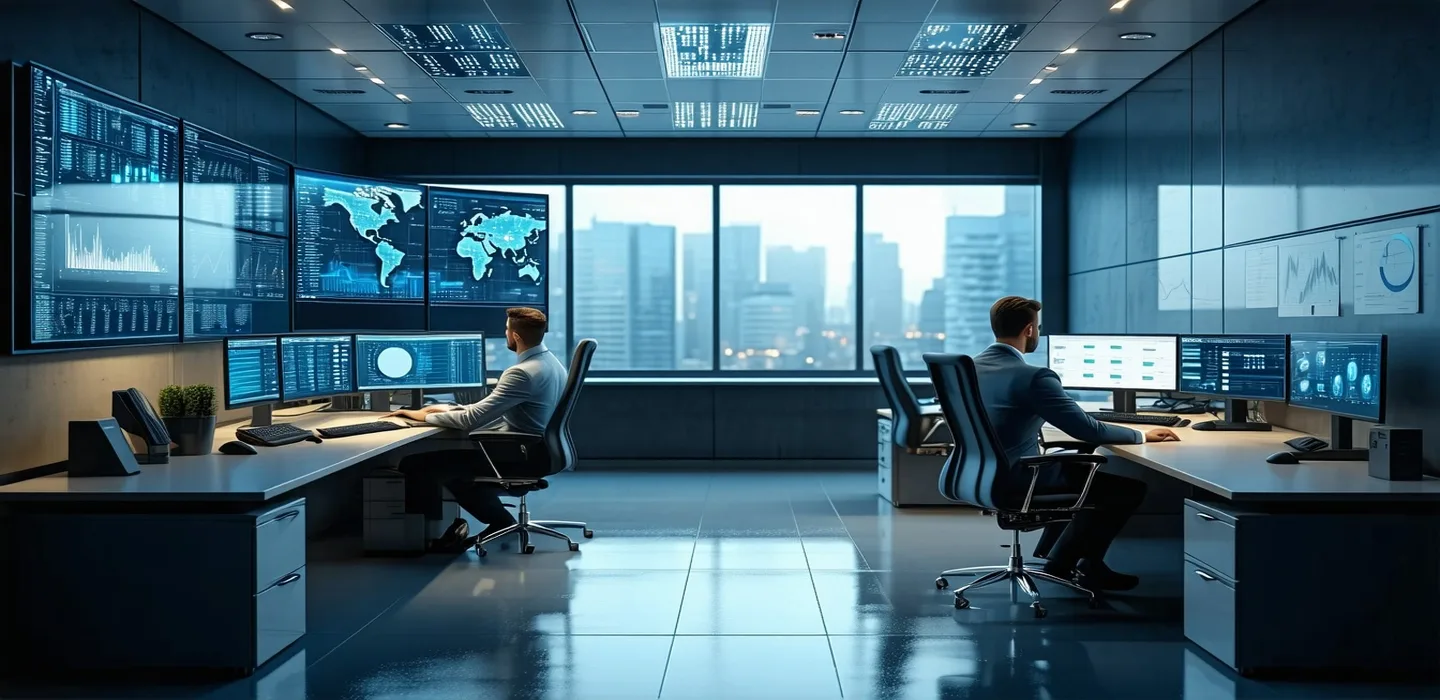 Financial services security operations center with analysts monitoring multiple screens showing transaction alert queues