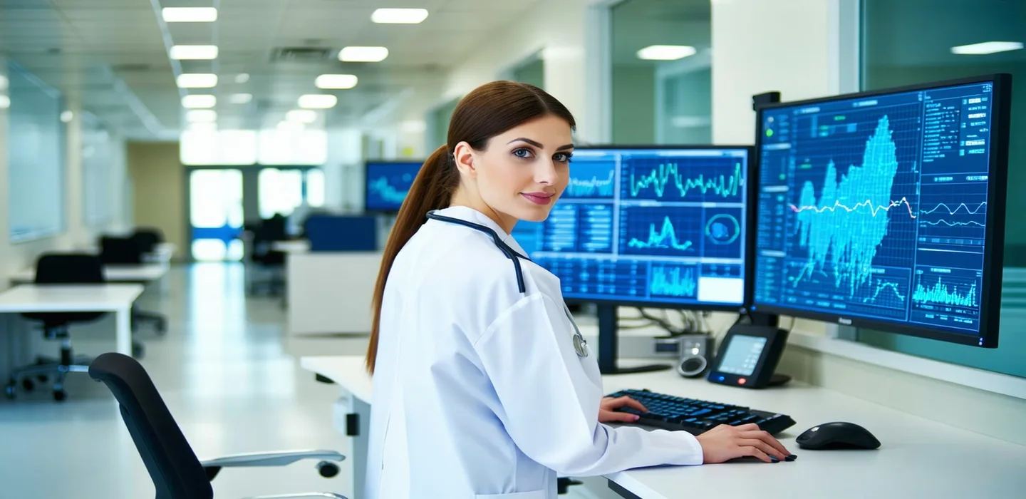 Healthcare IT security analyst reviewing threat alerts in a hospital IT department